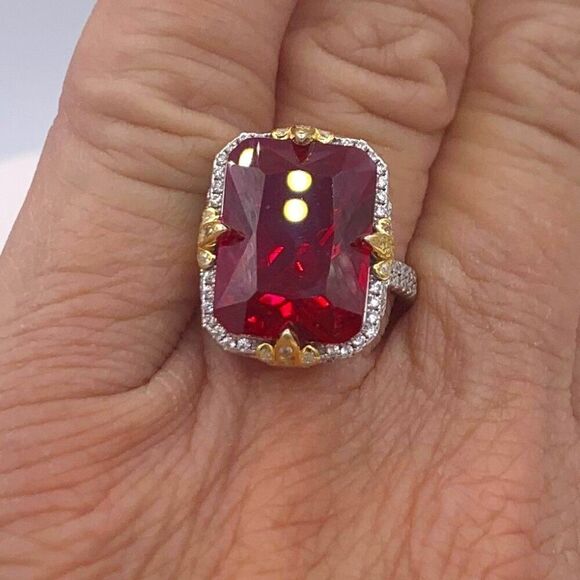 Ring, new, no tags, lab created emerald cut ruby solid 925 silver real gold - Picture 5 of 17